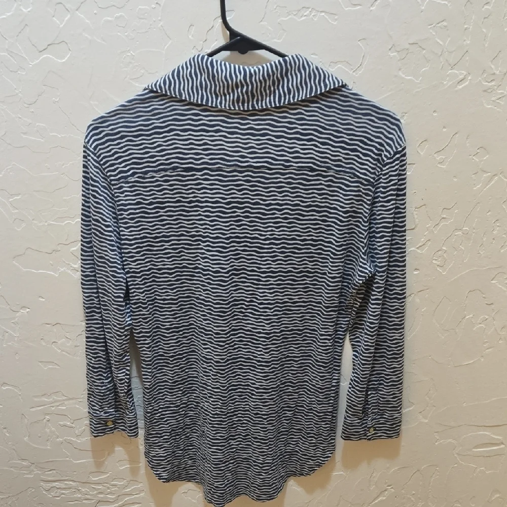 Tory Burch Navy and White Wavy Striped Long Sleeve Top